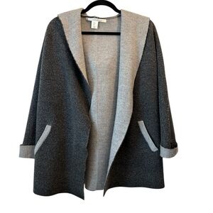 Max Studio Charcoal and Light Gray Hooded Cardigan Merino Wool Blend Size Large